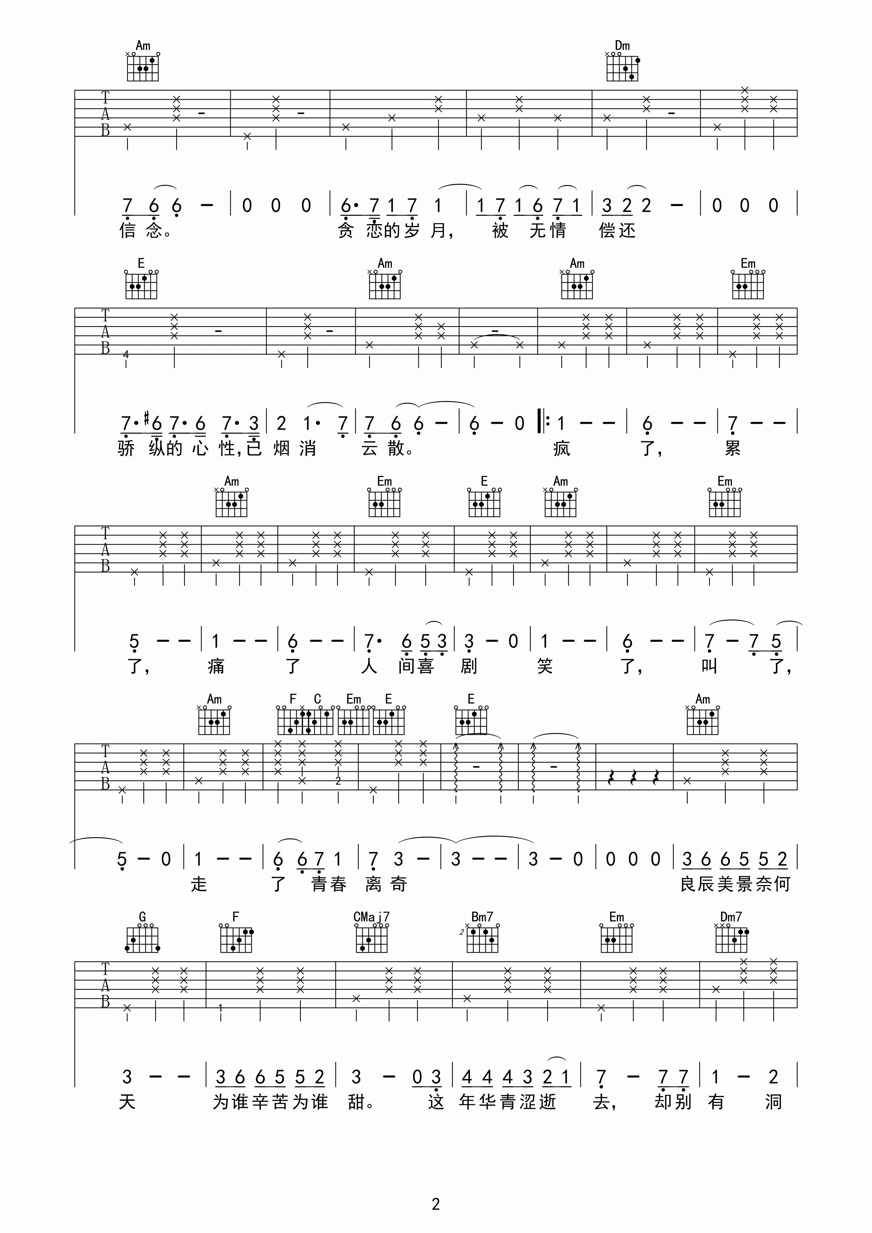 王菲《致青春》吉他谱(降E调)-Guitar Music Score-看谱啦